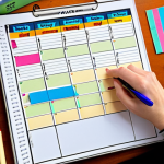 A teacher thoughtfully organizing a weekly planner with colorful pens and sticky notes, showcasing a blend of digital calendar entries and handwritten reminders, emphasizing "Weekly Planning" for reduced stress and increased productivity. The scene is set in a cozy home office with soft, natural light.