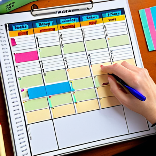 Home 6 A teacher thoughtfully organizing a weekly planner with colorful pens and sticky notes, showcasing a blend of digital calendar entries and handwritten reminders, emphasizing "Weekly Planning" for reduced stress and increased productivity. The scene is set in a cozy home office with soft, natural light.