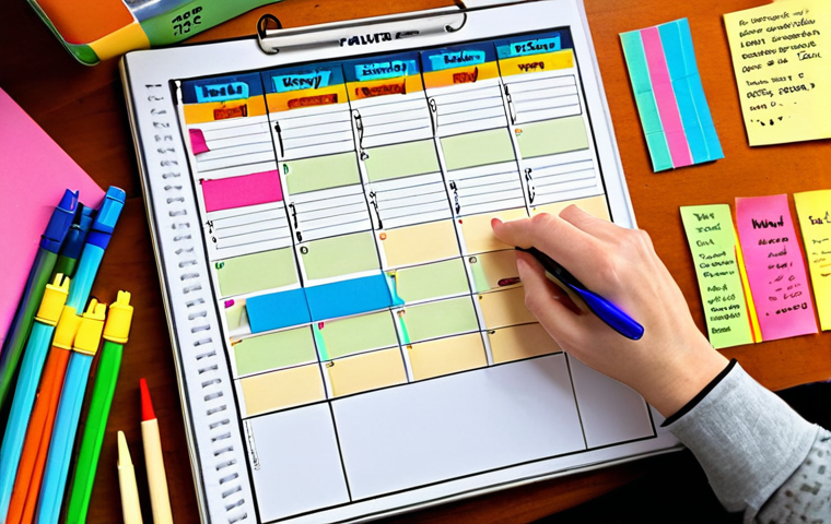 A teacher thoughtfully organizing a weekly planner with colorful pens and sticky notes, showcasing a blend of digital calendar entries and handwritten reminders, emphasizing "Weekly Planning" for reduced stress and increased productivity. The scene is set in a cozy home office with soft, natural light.