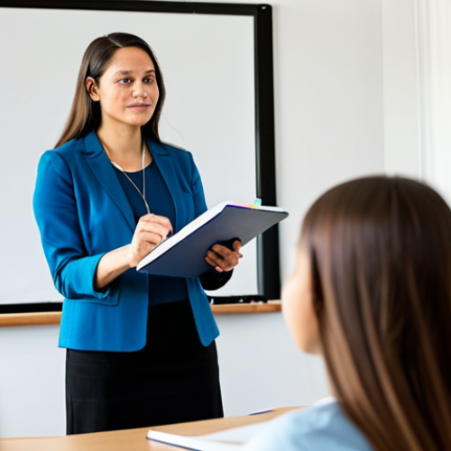 A highly professional and experienced female teacher, fully clothed in a modest business casual outfit, stands confidently at the front of a modern, well-lit classroom. She is engaging a diverse group of high school students who are actively participating in a discussion, with open notebooks and thoughtful expressions. The classroom is clean and organized, featuring digital learning tools and a whiteboard with well-structured notes. The scene captures the authority and passion of a specialized educator, inspiring deep learning and engagement. perfect anatomy, correct proportions, natural pose, well-formed hands, proper finger count, natural body proportions, professional photography, high quality, safe for work, appropriate content, family-friendly.