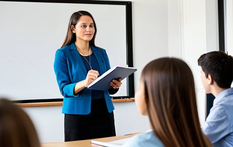 A highly professional and experienced female teacher, fully clothed in a modest business casual outfit, stands confidently at the front of a modern, well-lit classroom. She is engaging a diverse group of high school students who are actively participating in a discussion, with open notebooks and thoughtful expressions. The classroom is clean and organized, featuring digital learning tools and a whiteboard with well-structured notes. The scene captures the authority and passion of a specialized educator, inspiring deep learning and engagement. perfect anatomy, correct proportions, natural pose, well-formed hands, proper finger count, natural body proportions, professional photography, high quality, safe for work, appropriate content, family-friendly.