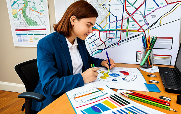 Career Mapping**

A person sitting at a desk with a notebook and colorful pens, drawing a map with roads leading to different career paths. The map includes symbols representing skills and interests (e.g., a paintbrush, a gear, a speech bubble). Background: a bright and organized home office.  fully clothed, appropriate attire, safe for work, perfect anatomy, natural proportions, professional illustration, high quality, modest.

**
