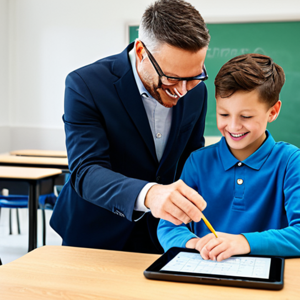 교사 수업자료 제작 소프트웨어 - **Prompt:** A teacher assisting a student with a personalized math exercise on a tablet in a bright,...