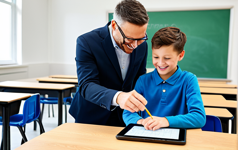 교사 수업자료 제작 소프트웨어 - **Prompt:** A teacher assisting a student with a personalized math exercise on a tablet in a bright,...