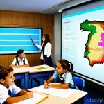 교사 교육 정책 이해하기 - **Prompt 1: A Vibrant, Technologically Integrated Portuguese Classroom**
"A dynamic and brightly...