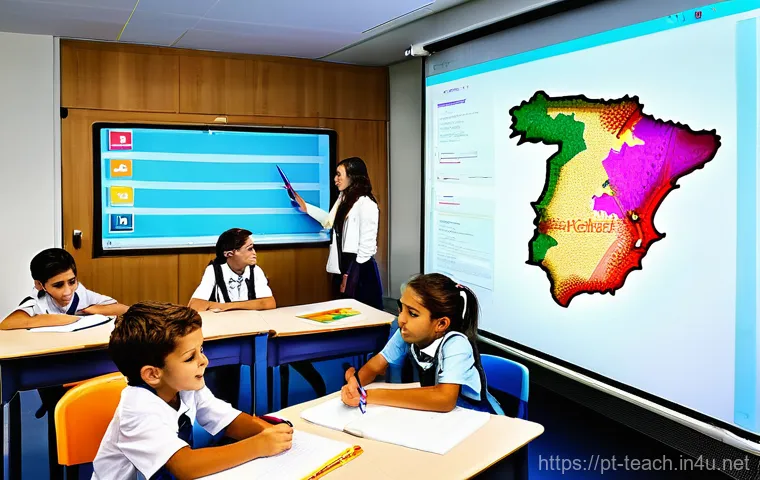 교사 교육 정책 이해하기 - **Prompt 1: A Vibrant, Technologically Integrated Portuguese Classroom**
"A dynamic and brightly...