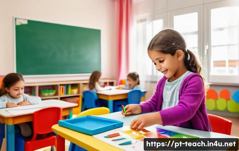 교사 진로 지도 방법 - **Prompt:** A bright and cheerful kindergarten classroom in Lisbon, Portugal. Several children are s...