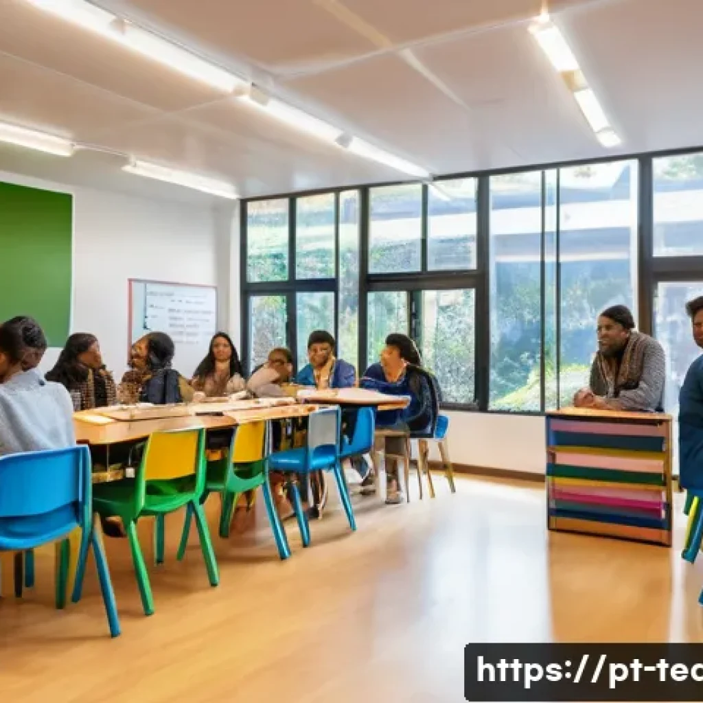 교사 학부모 교육 프로그램 설계 - A warm and inviting school meeting room filled with diverse parents and teachers engaged in a partic...