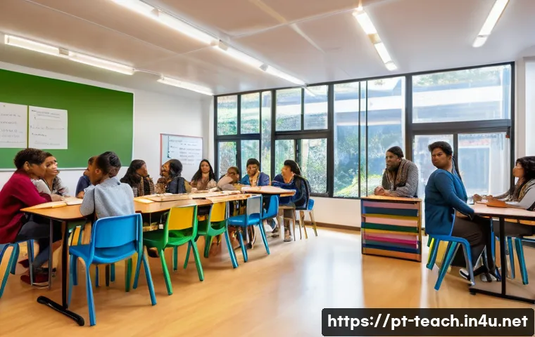 교사 학부모 교육 프로그램 설계 - A warm and inviting school meeting room filled with diverse parents and teachers engaged in a partic...