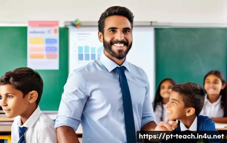 교사 평가 기준 설정 요령 - A diverse classroom scene in a modern Brazilian public school, featuring a dedicated male teacher in...