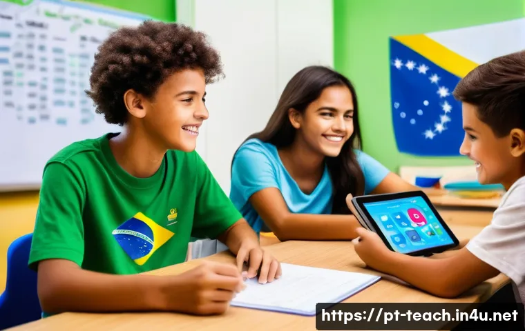 교사 영어 수업 전략 - A vibrant classroom scene in Brazil where a diverse group of teenage students enthusiastically engag...