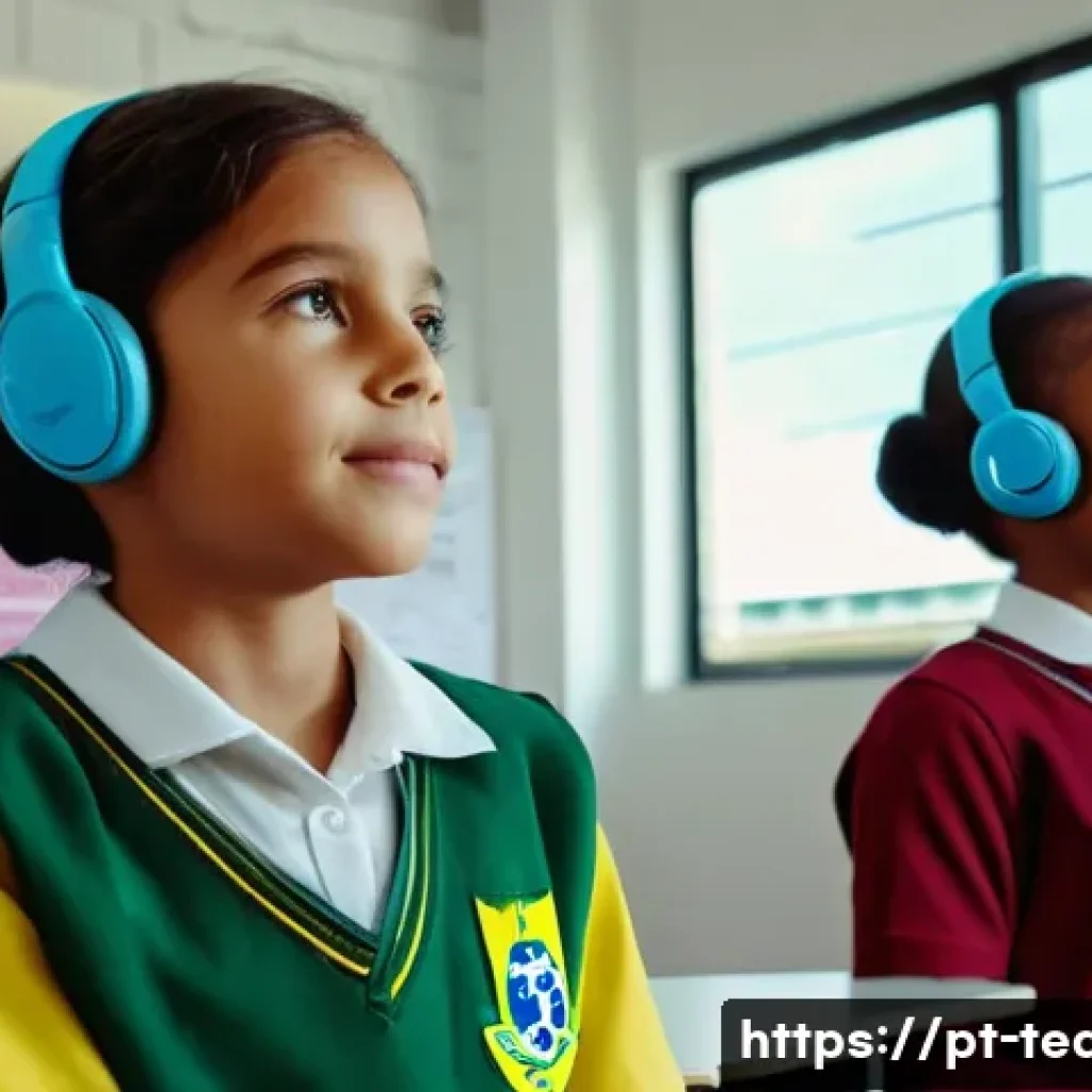 교사 4차 산업혁명 교육 사례 - A modern classroom scene in Brazil with diverse students aged around 12-15 using augmented reality h...