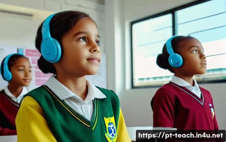 교사 4차 산업혁명 교육 사례 - A modern classroom scene in Brazil with diverse students aged around 12-15 using augmented reality h...
