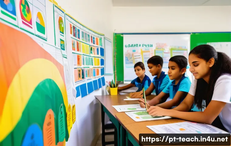교사 동기유발 교재 제작법 - A vibrant and engaging classroom scene in a Brazilian school, featuring diverse students of various ...