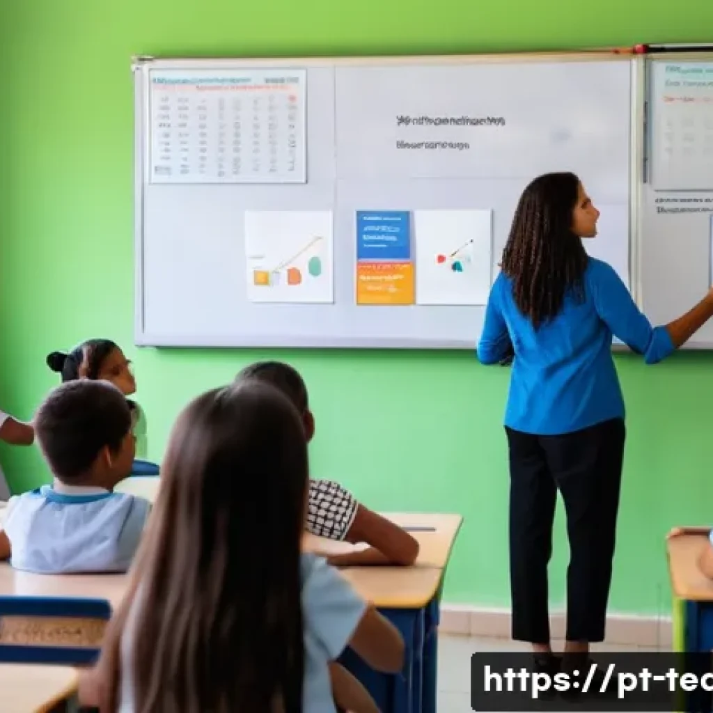 교사 수업 관찰 일지 작성법 - A modern, well-organized classroom in a Brazilian public school setting, showing bright natural ligh...