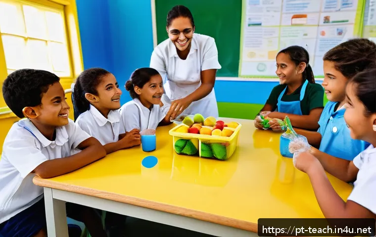 교사 과학 실험 준비 팁 - A lively classroom scene in a Brazilian elementary school where diverse children, wearing casual clo...