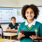 교사 데이터 기반 교육 설계 - A modern Brazilian classroom scene showing a diverse group of students aged around 12-15 engaged wit...