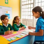 교사 학급 경제 운영법 - A vibrant classroom scene in a Brazilian elementary school where children aged around 8-10 are activ...