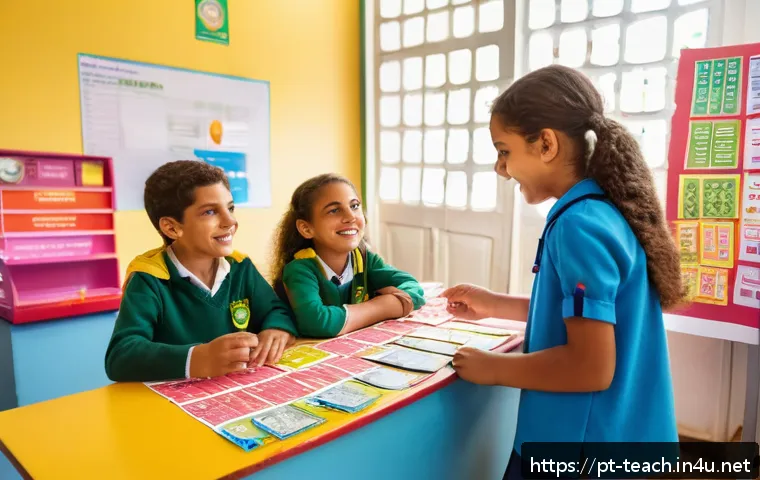 교사 학급 경제 운영법 - A vibrant classroom scene in a Brazilian elementary school where children aged around 8-10 are activ...