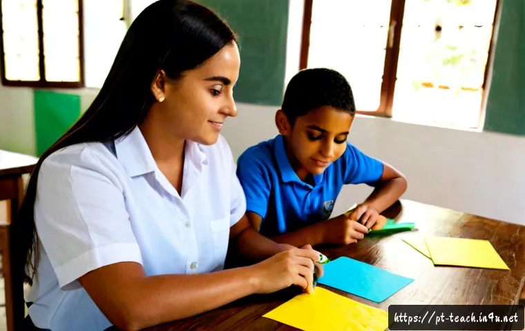 Home 30 교사 미술 수업 사례 연구 - Photorealistic Brazilian elementary school art classroom, a warm and attentive teacher guiding a sma...